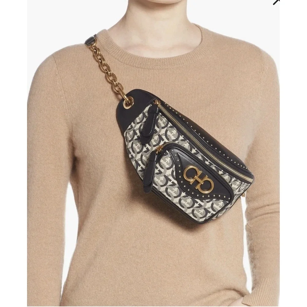 Salvatore Ferragamo Leather & Jacquard Belt Bag, Fanny, Luxury, Authentic $1500!